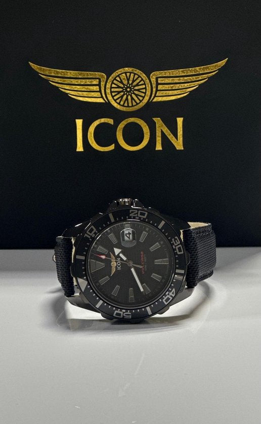 ICON heren horloge - Echte leren band - Waterdicht - 44 mm - Zwart