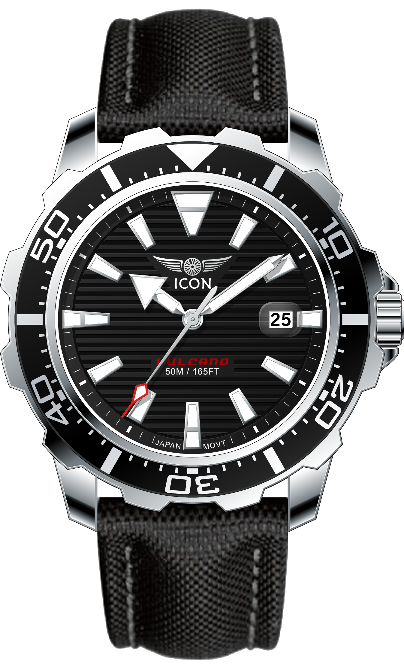 ICON heren horloge - Echte leren band - Waterdicht - 44mm - Zwart/Zilver