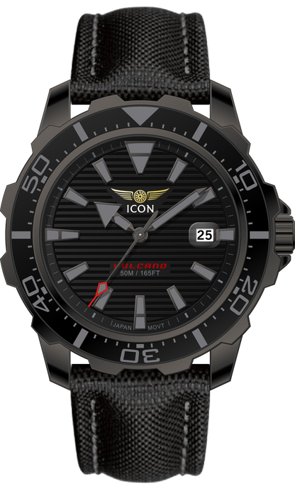 ICON heren horloge - Echte leren band - Waterdicht - 44 mm - Zwart